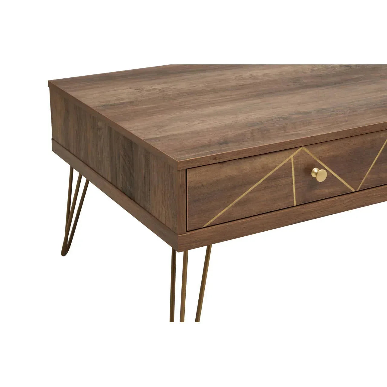 Wooden coffee table with gold geometric drawer design and metal hairpin legs