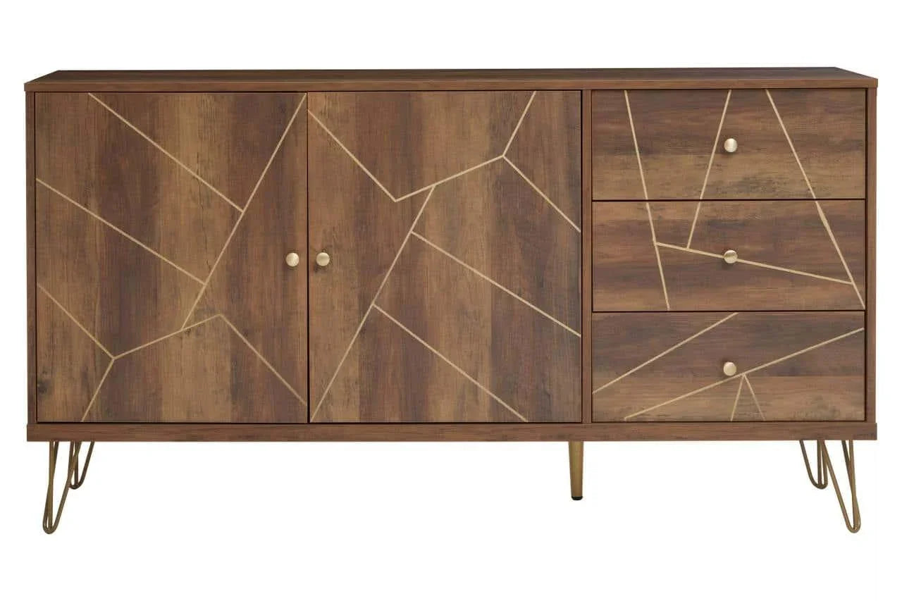 Wooden sideboard with gold geometric pattern, three drawers, hairpin legs, and two doors