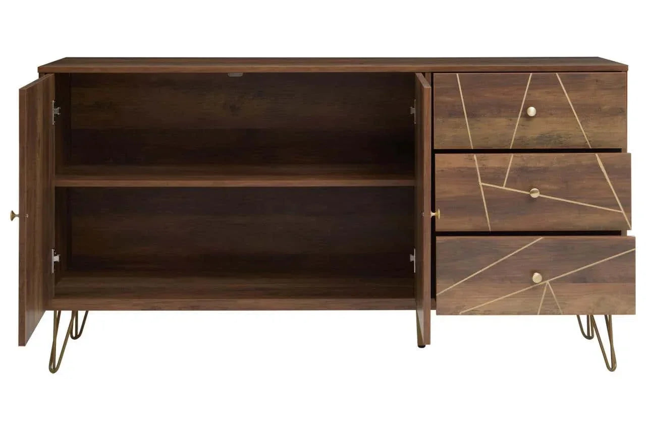 Walnut sideboard with brass hairpin legs, geometric gold drawer accents, open doors and drawers