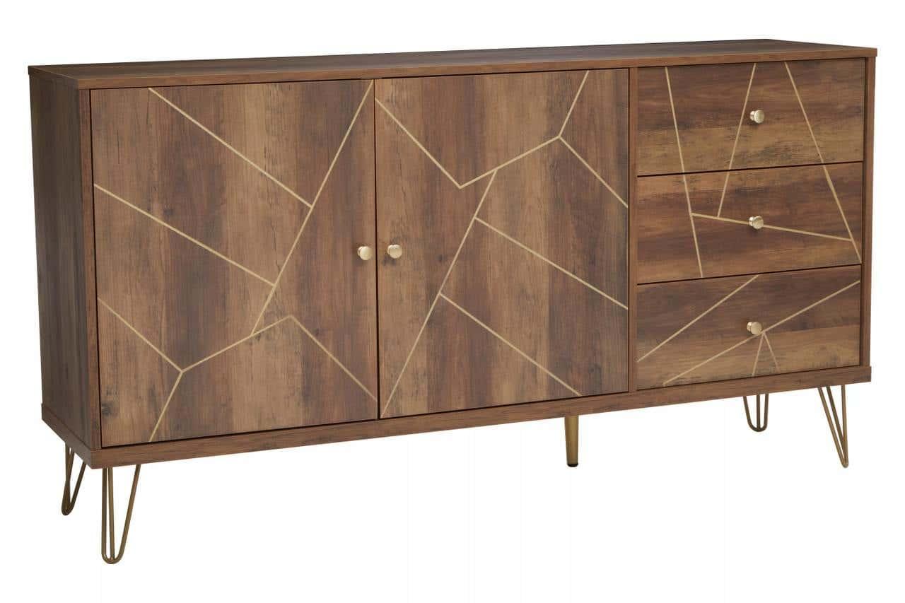 Wooden sideboard with gold geometric lines, hairpin legs, two doors and three drawers
