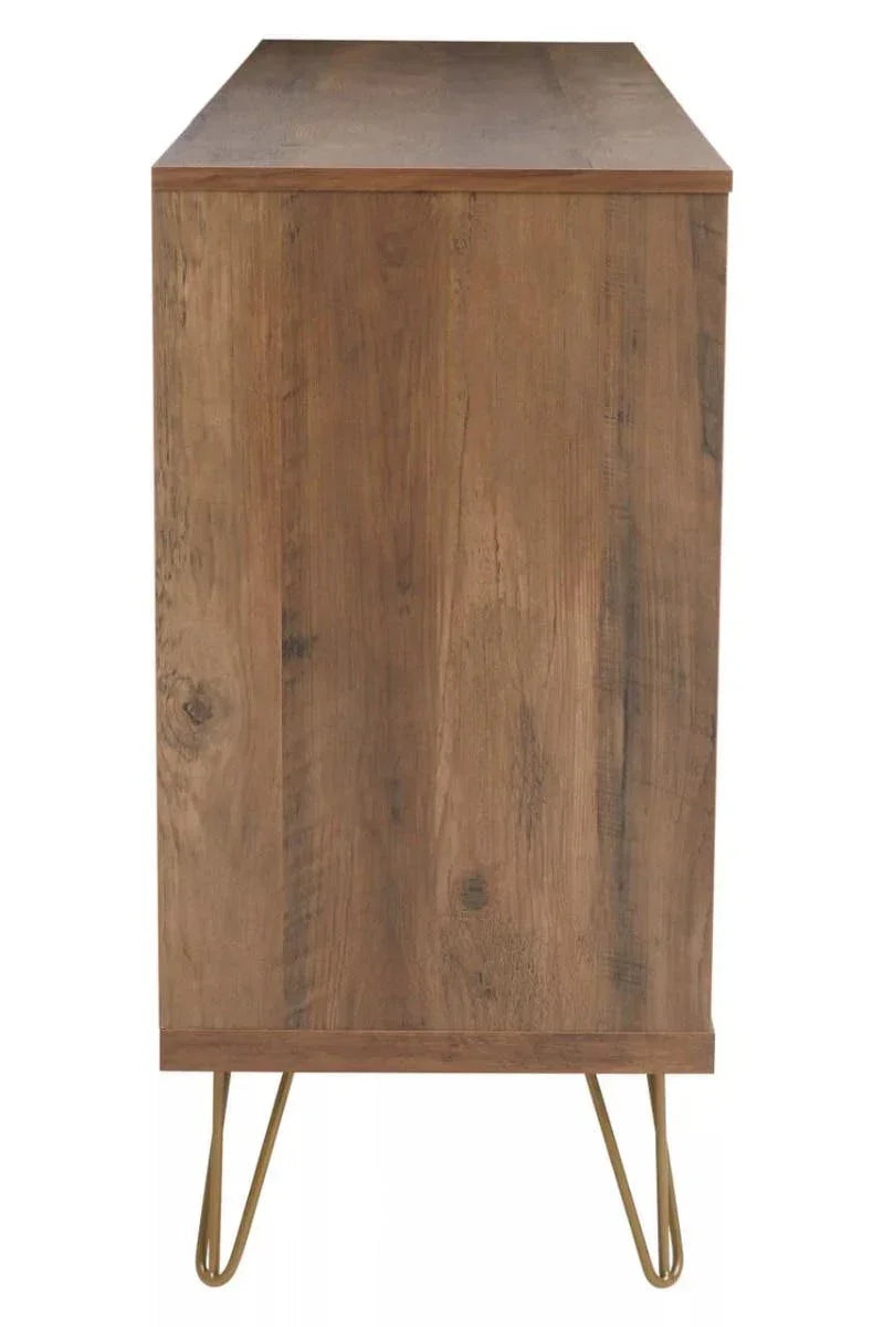 Side view of wooden sideboard with natural finish and slim gold metal legs