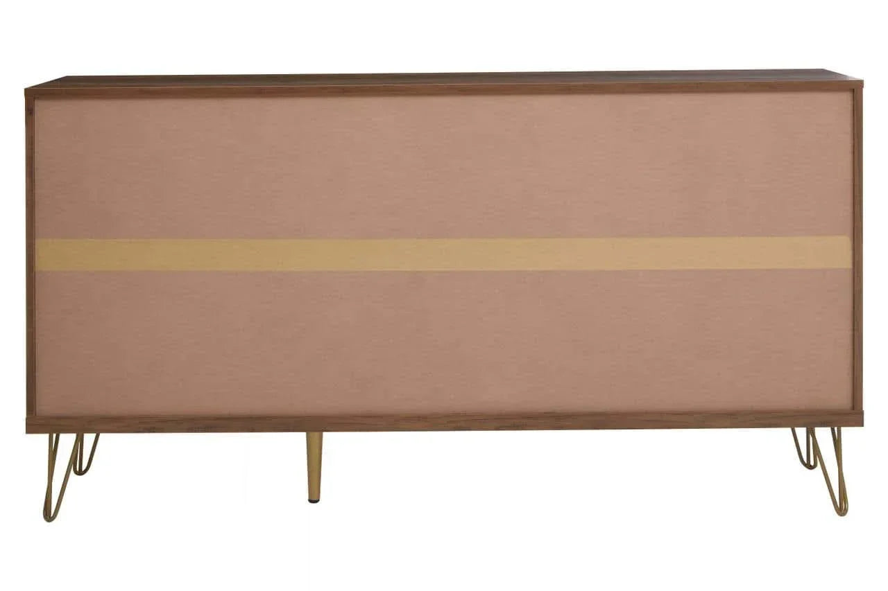 Modern sideboard with light wood finish, yellow accent stripe and gold metal legs
