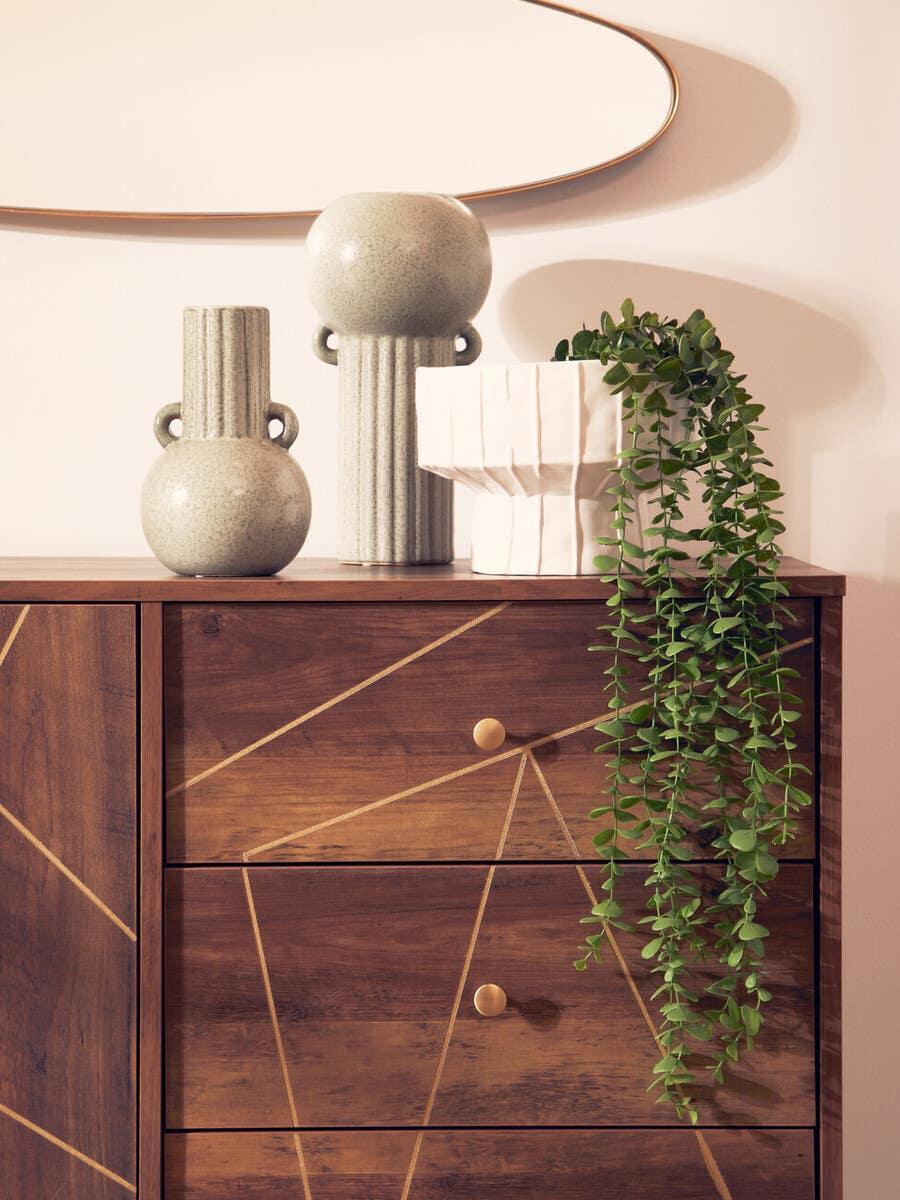 Geometric wood chest of drawers with ceramic vases and a trailing plant decor
