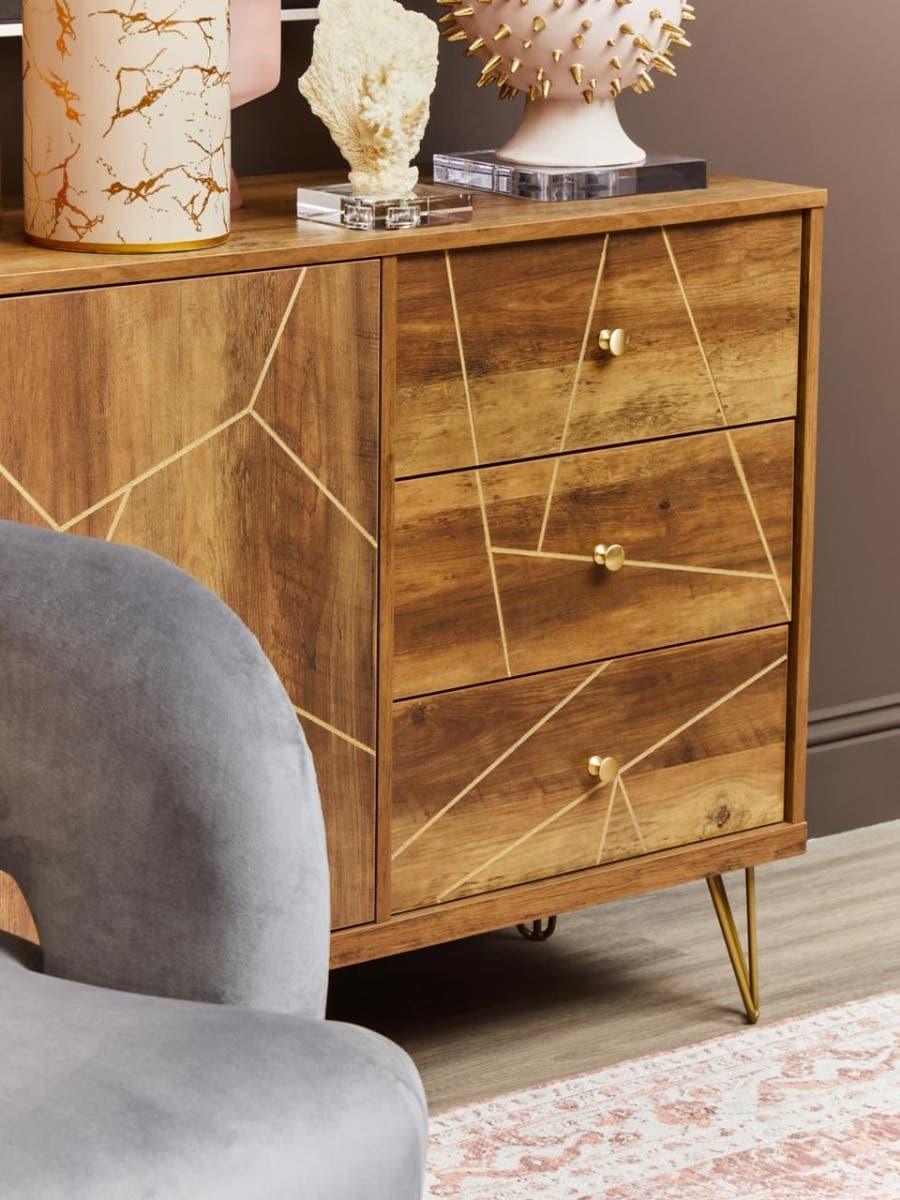 Wood sideboard with gold inlay geometric design, brass handles and angled legs