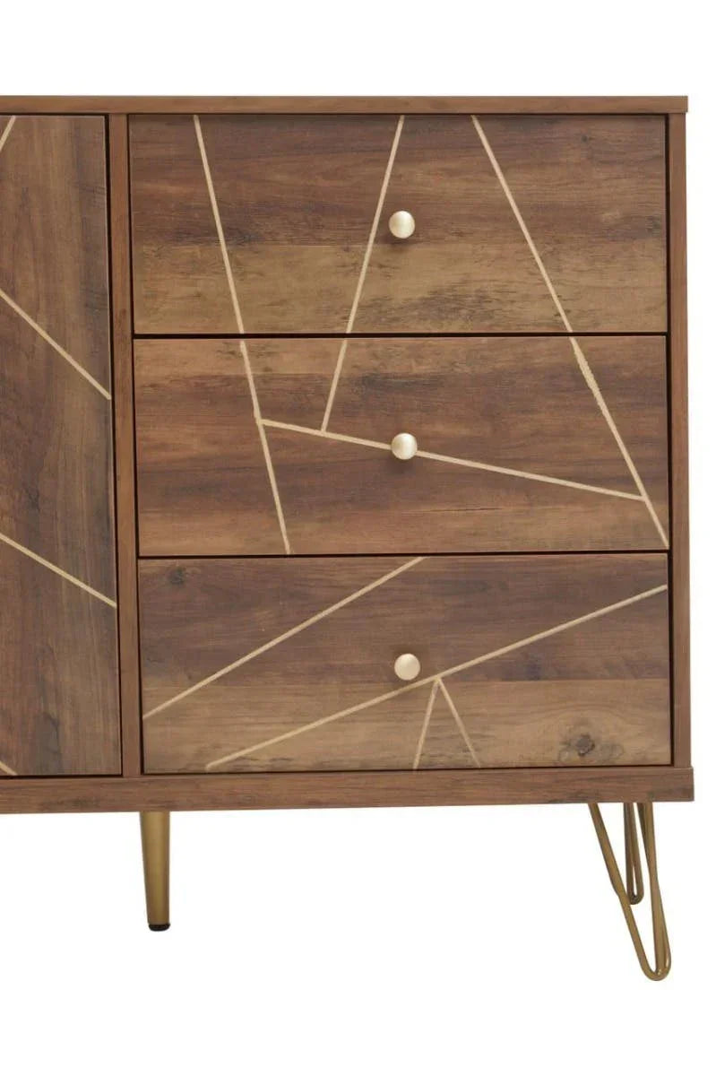 Wooden sideboard with three drawers and gold geometric inlay, gold metal legs visible