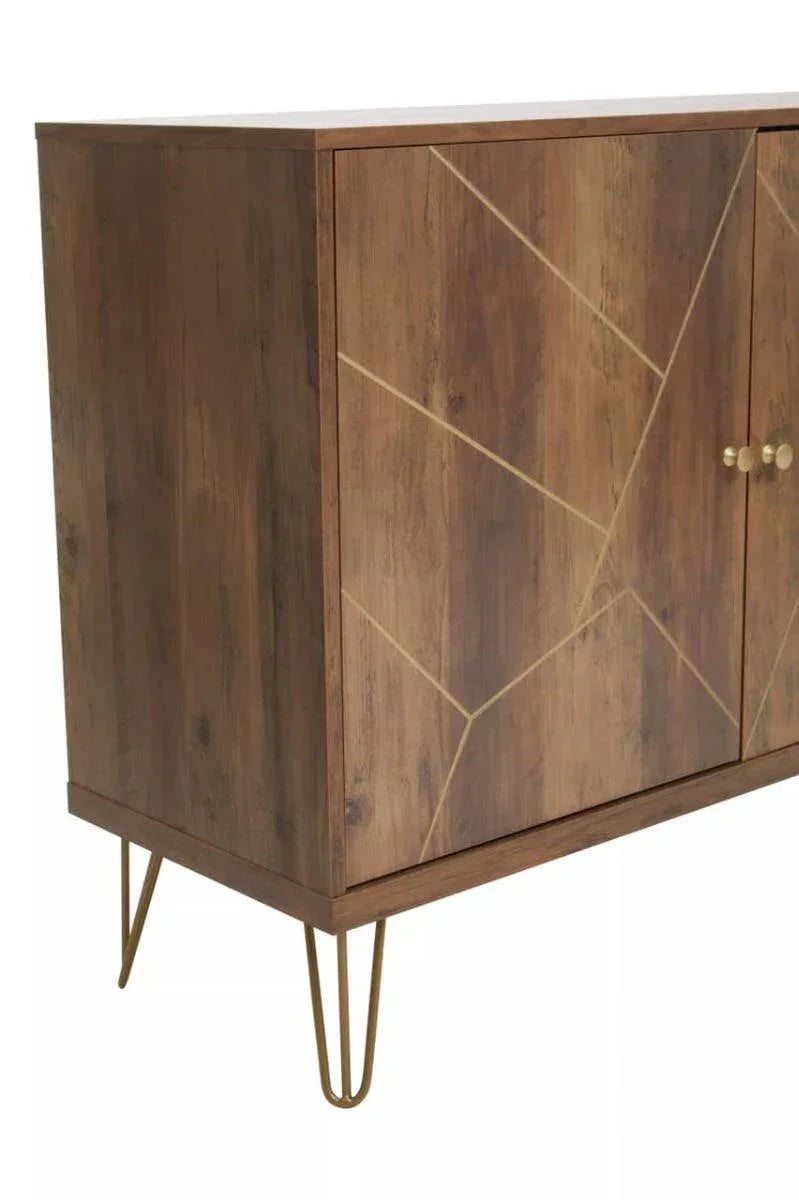 Wood sideboard with gold geometric lines and metal legs, modern furniture cabinet