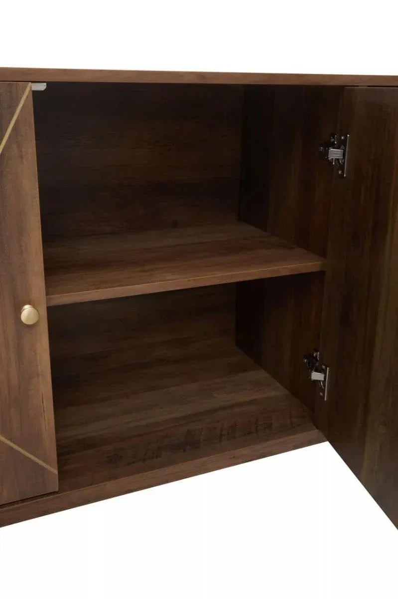 Wood sideboard cabinet with open doors showing interior shelf and gold handle detail