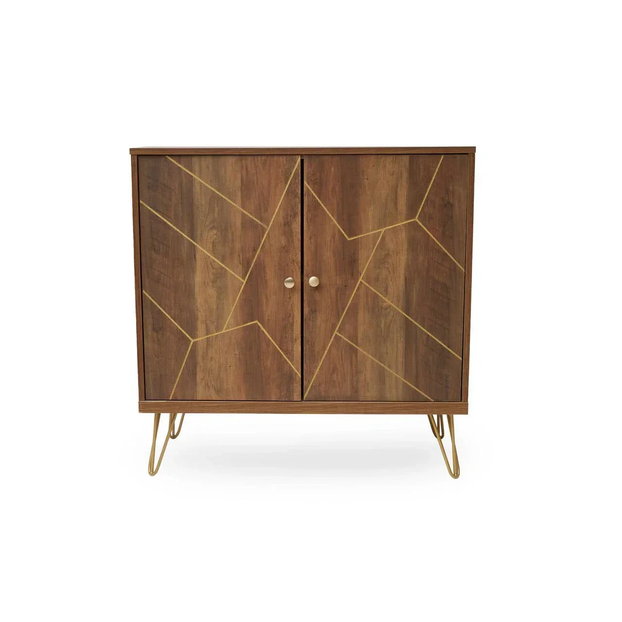 Wooden storage cabinet with gold geometric lines and metal legs, front view