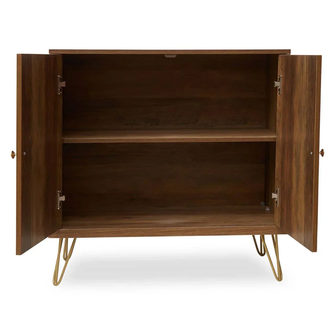 Walnut sideboard cabinet with open doors, interior shelf, and gold hairpin legs