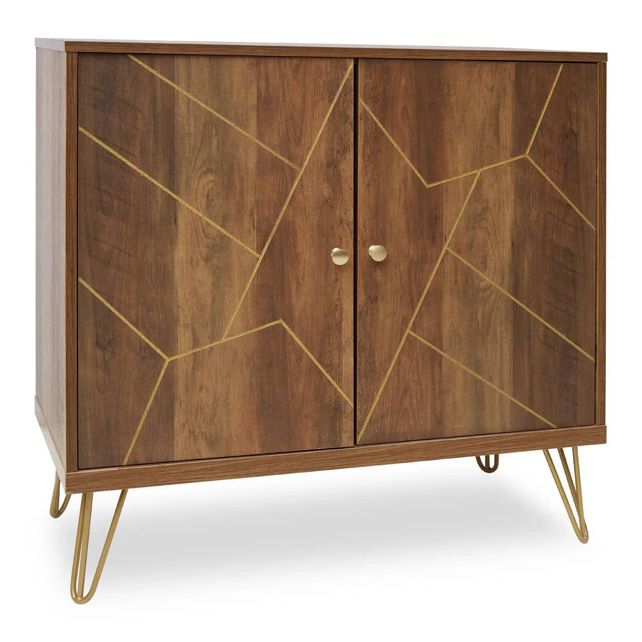 Mid-century wooden sideboard with gold geometric lines and metal legs