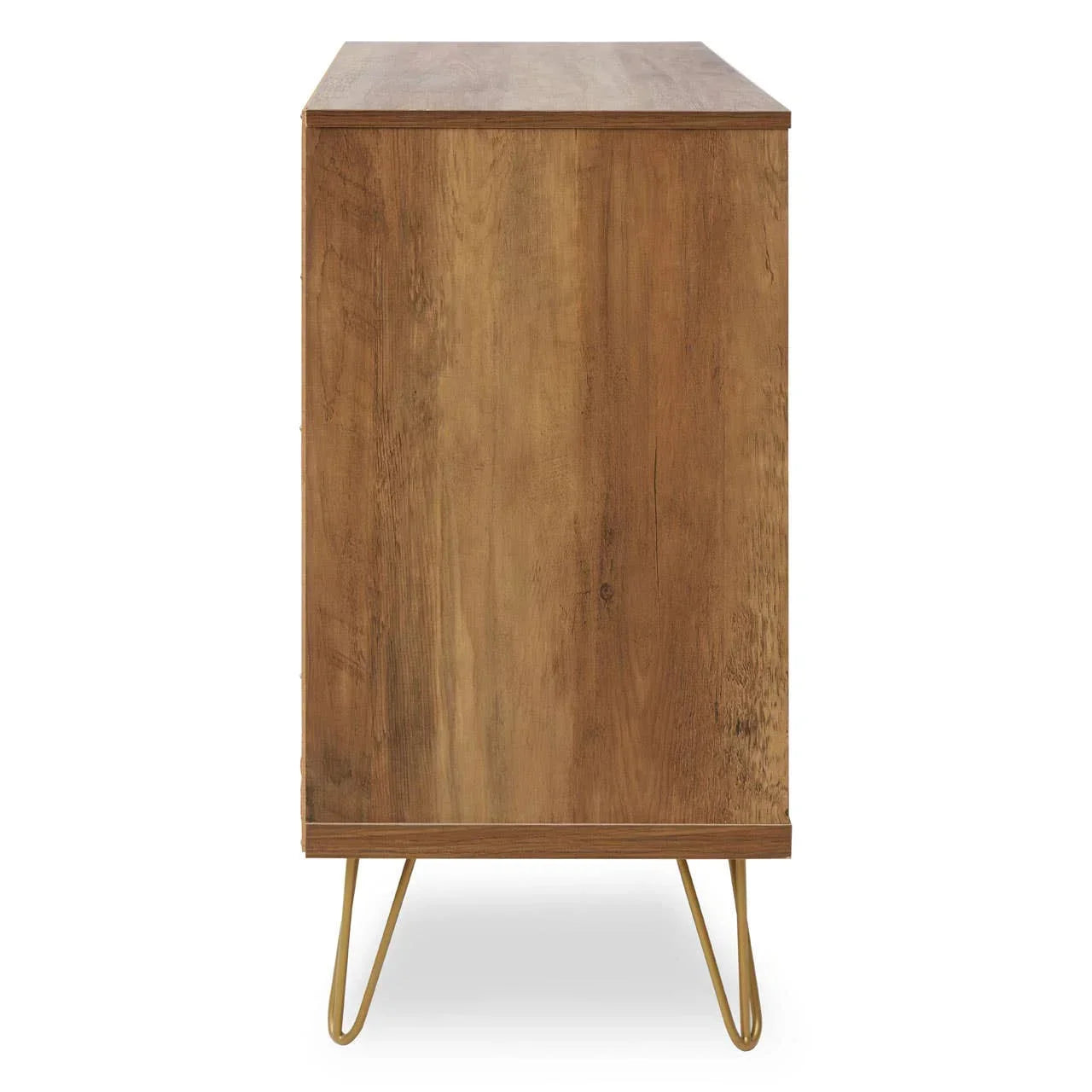 Side view of wooden sideboard with natural finish and gold metal legs