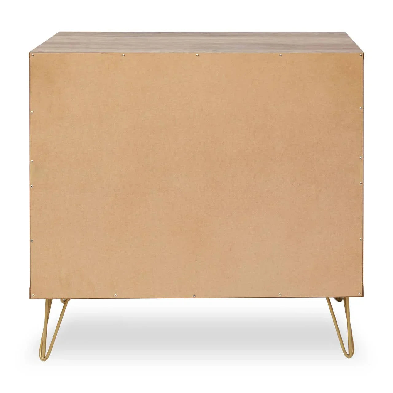 Back view of wooden cabinet with hairpin metal legs