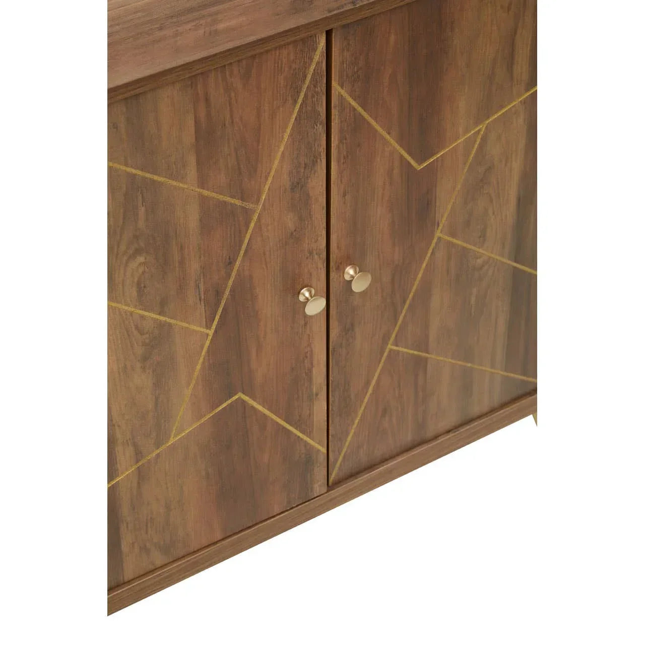 Wooden cabinet with gold geometric lines and round metal door handles