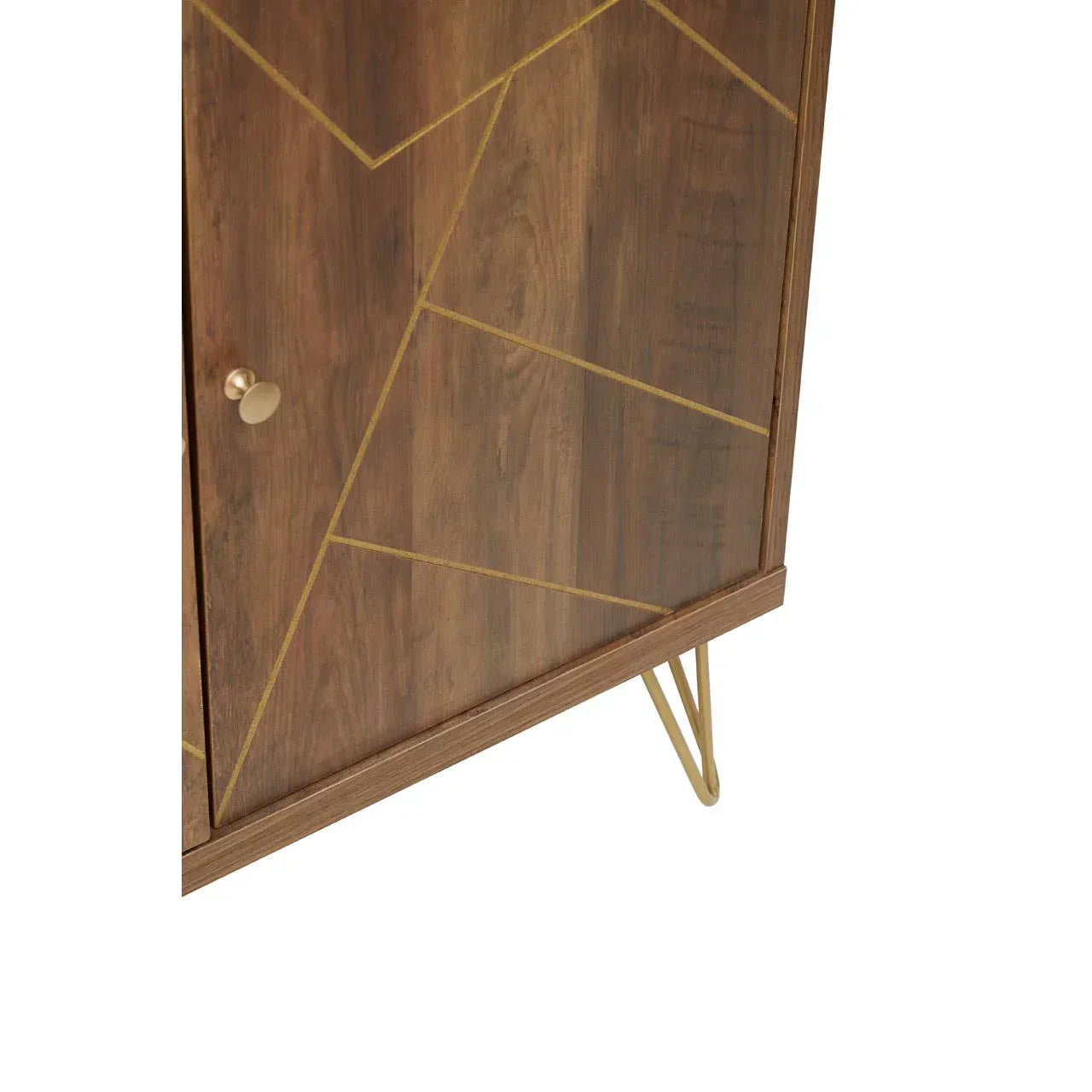 Walnut sideboard cabinet with gold geometric lines and metal hairpin legs