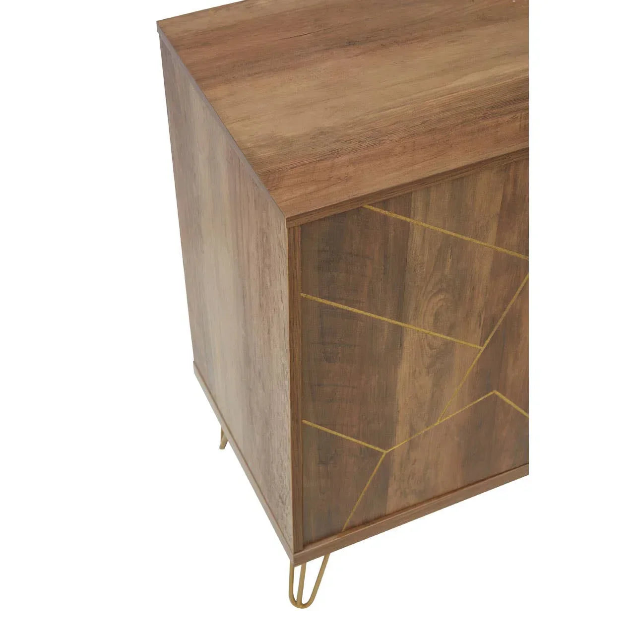 Wood sideboard with gold metal legs and geometric pattern detail on the front panel