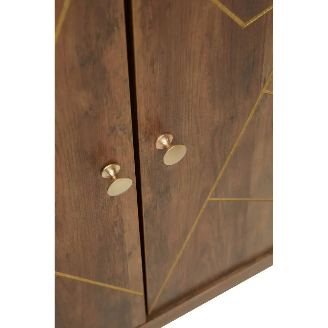 Wood cabinet doors with gold handles and geometric line detail