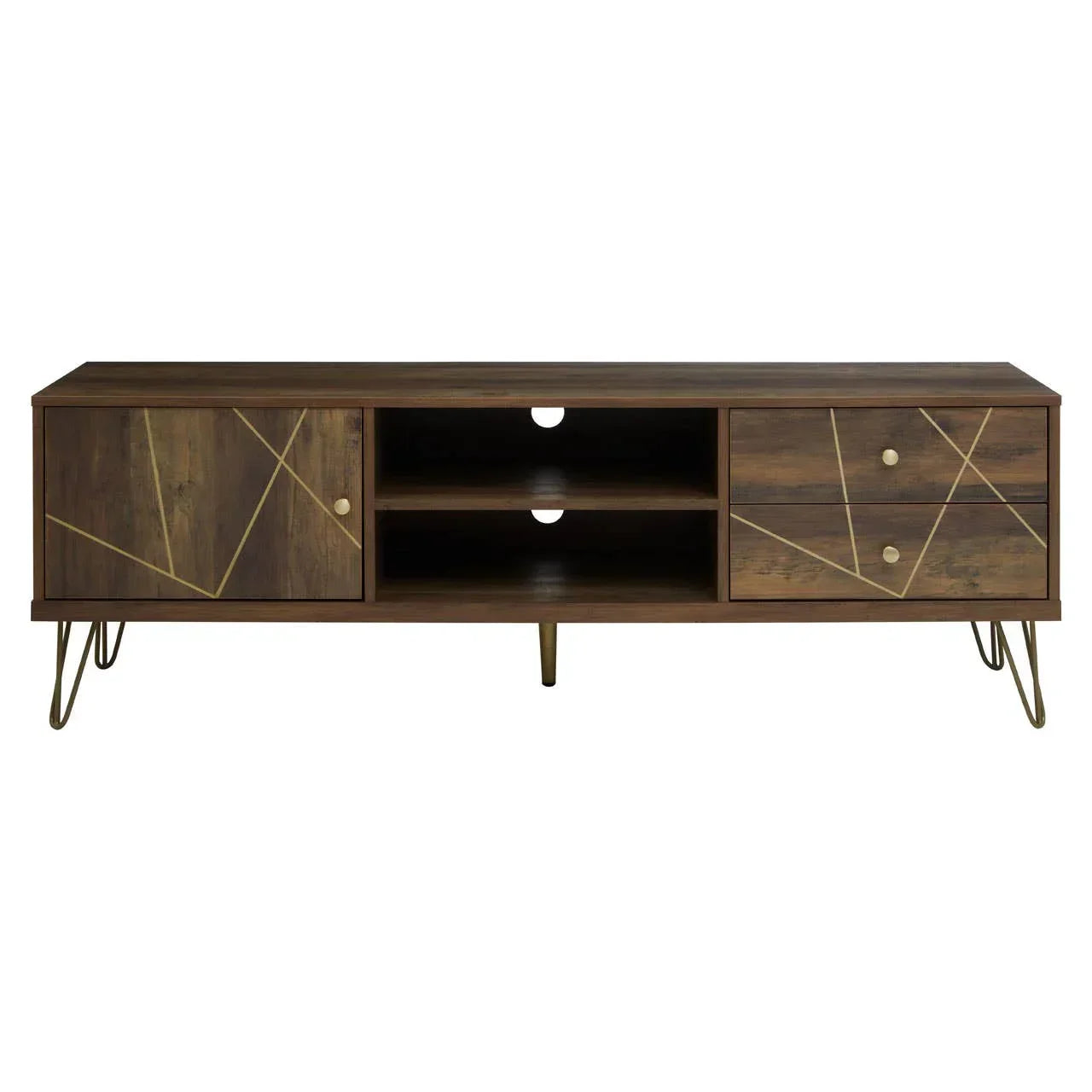 Wooden TV unit with gold metal legs, geometric brass lines, drawers, shelves and cabinet