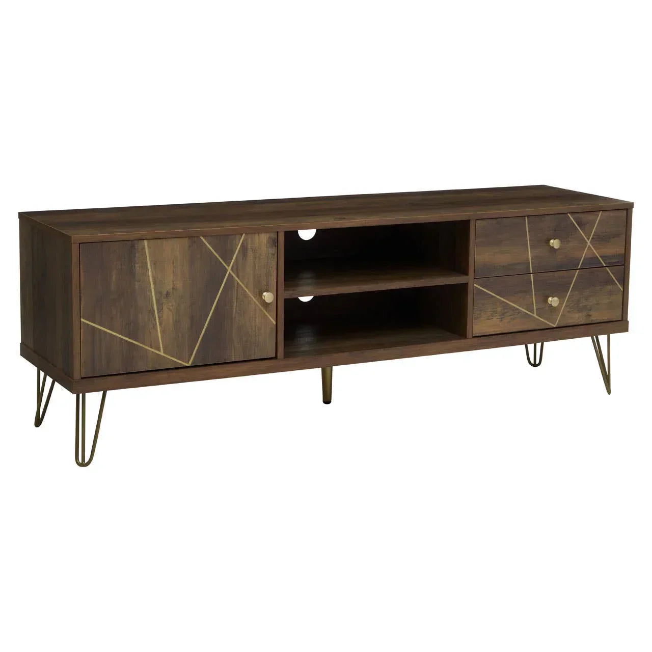 Walnut TV unit with gold geometric details, two drawers, cupboard, and open shelves