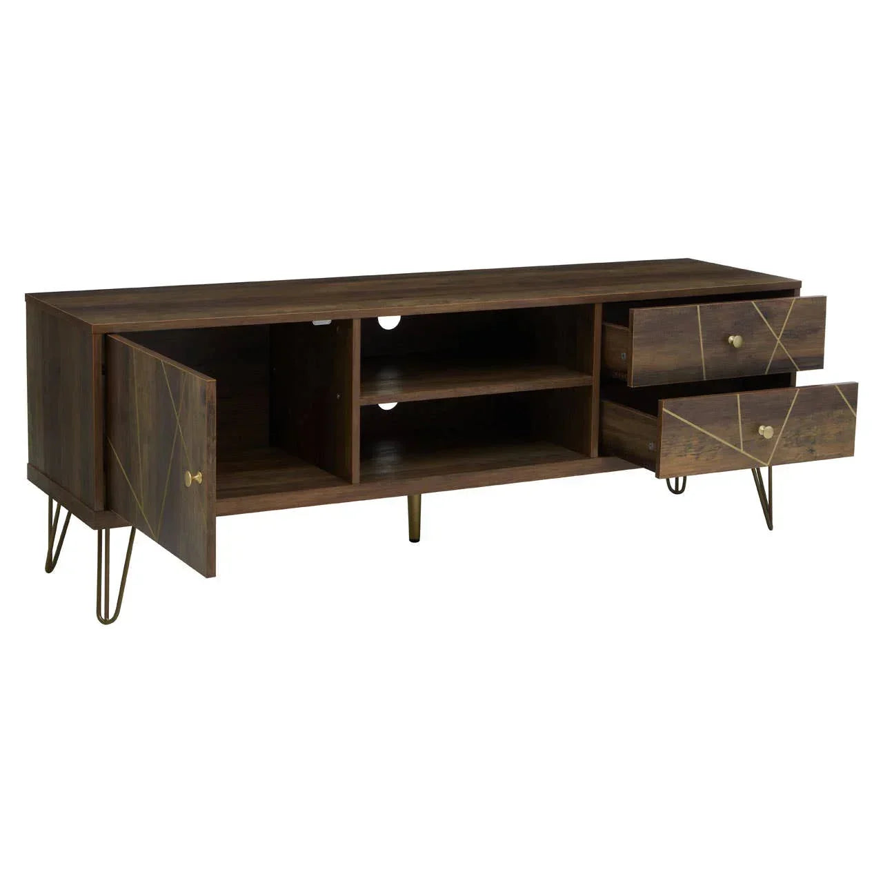 Walnut TV unit with gold hairpin legs, open shelving, one door and two drawers open