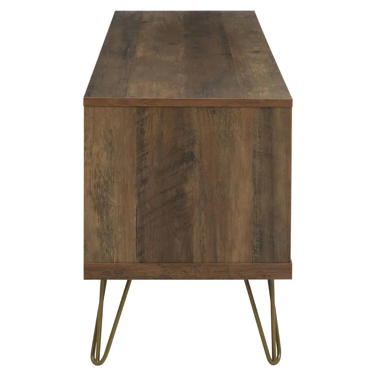 Side view of wooden coffee table with hairpin metal legs and natural finish