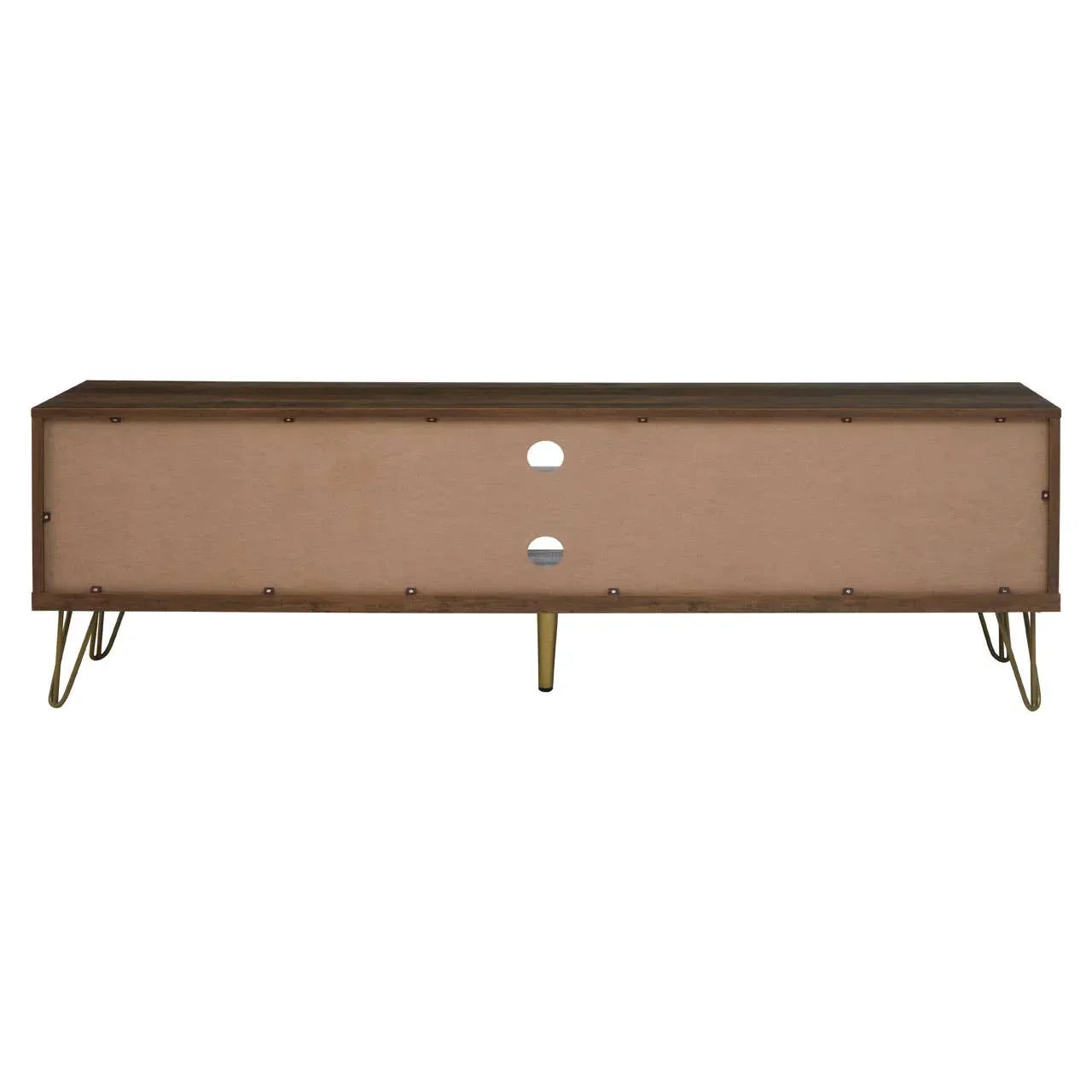 Wooden TV unit with hairpin metal legs and rear cable management holes, rear view