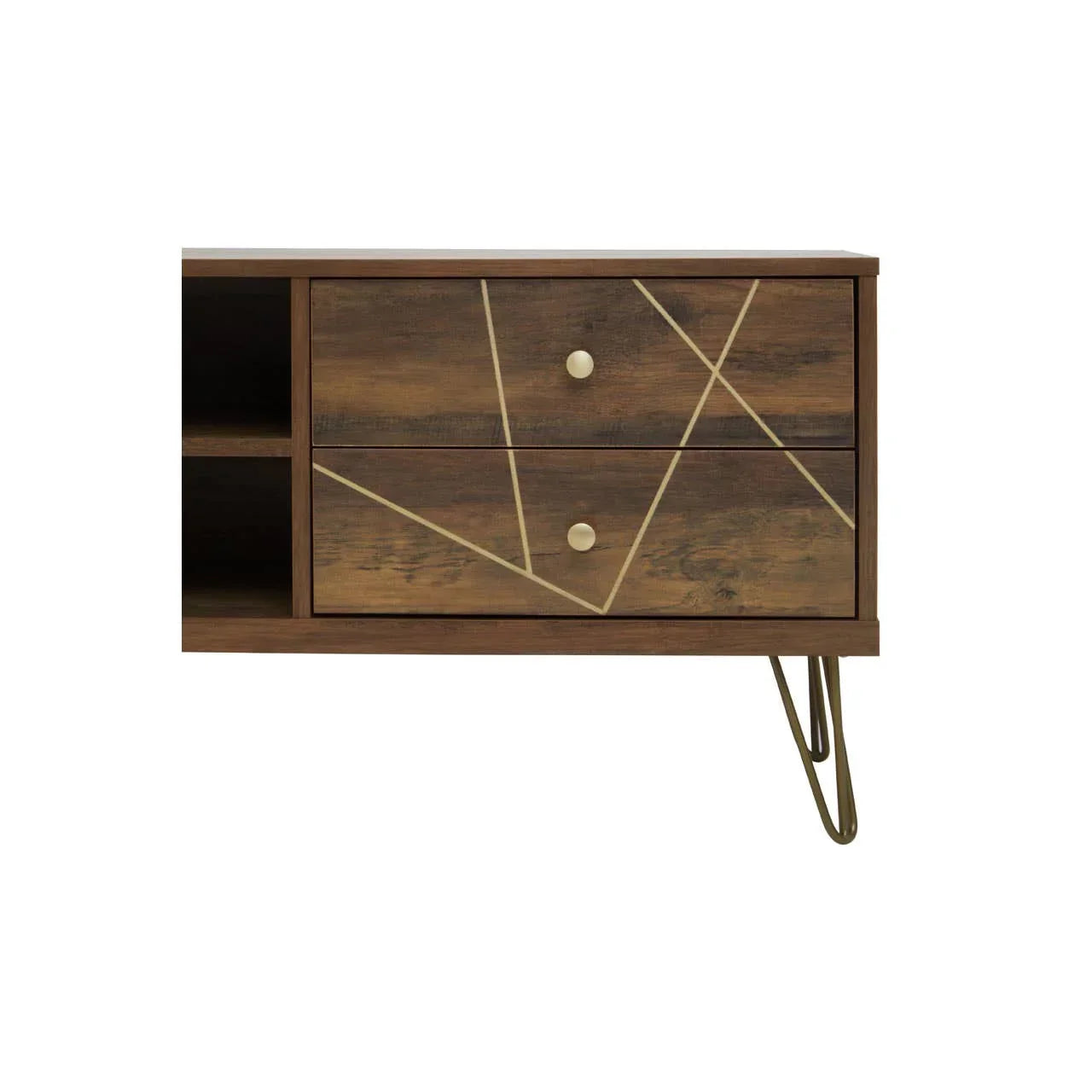 Wooden TV unit with metal legs, two drawers featuring gold geometric detailing