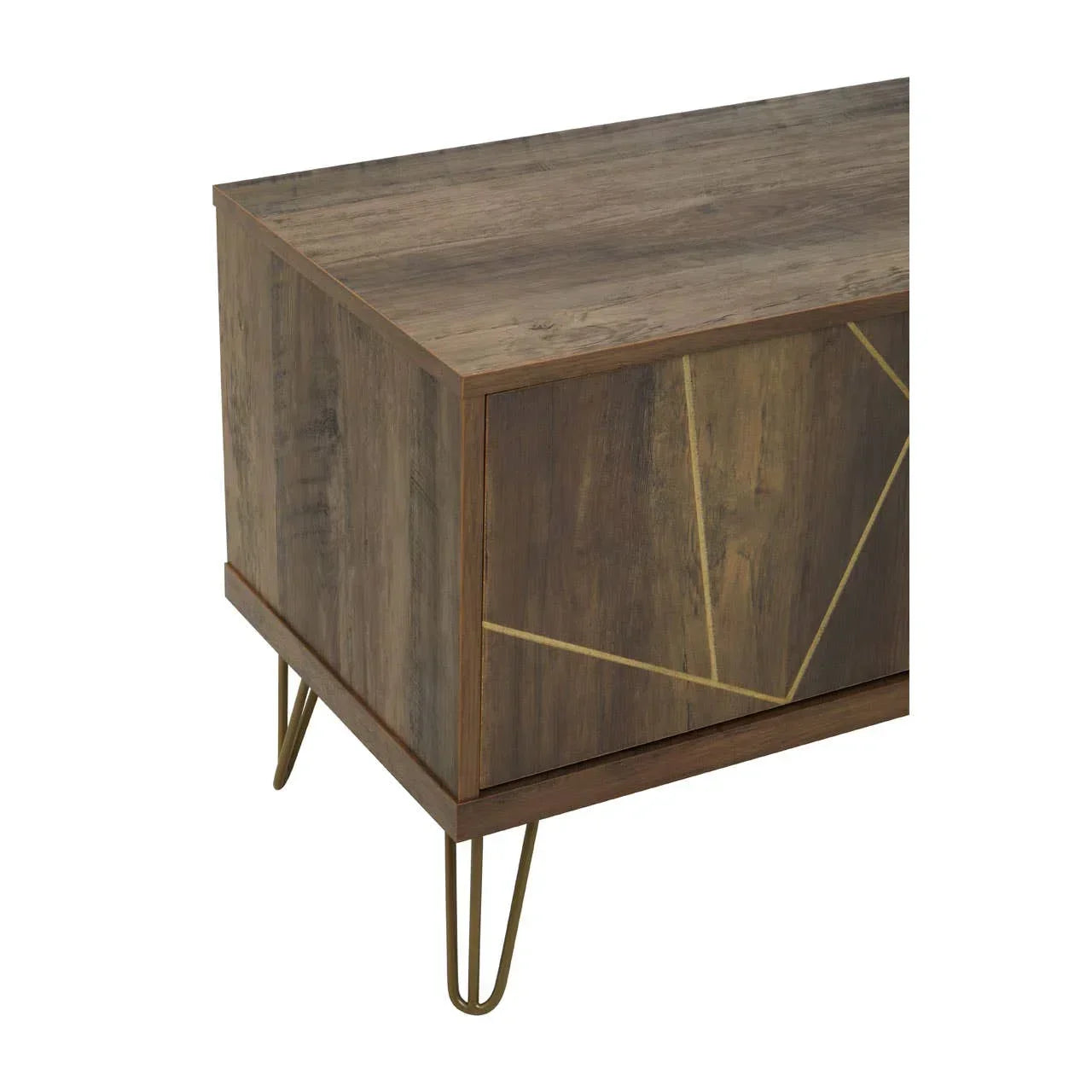 Wood sideboard with geometric gold detail and metal hairpin legs
