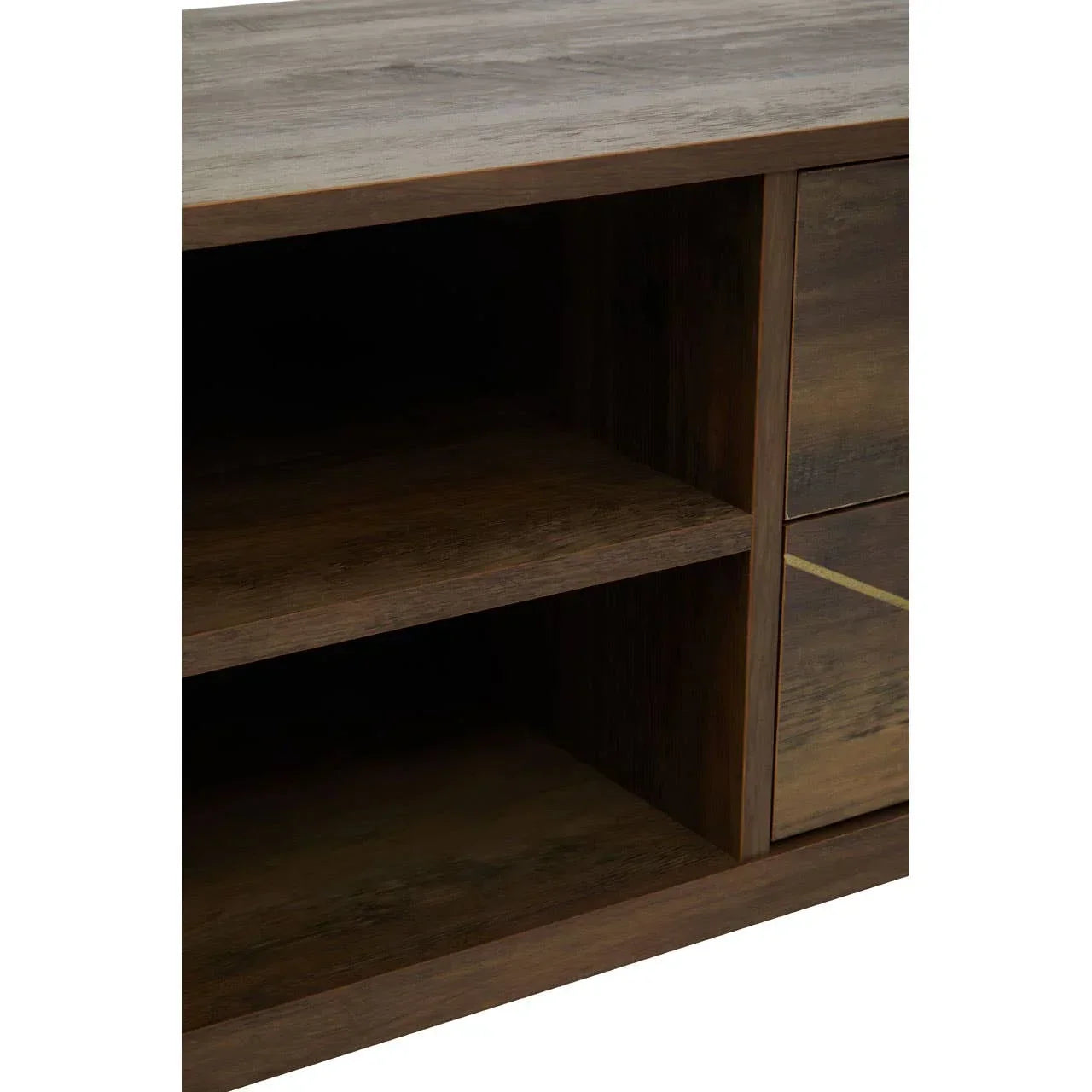 Dark wood TV unit with open shelf storage and side drawer detail