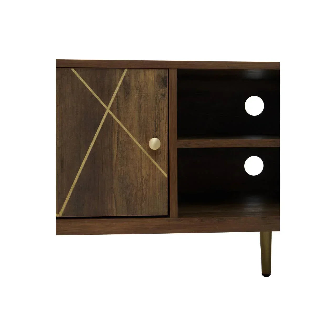 Mid-century TV unit with wood finish, gold metal legs, open shelves, geometric door design