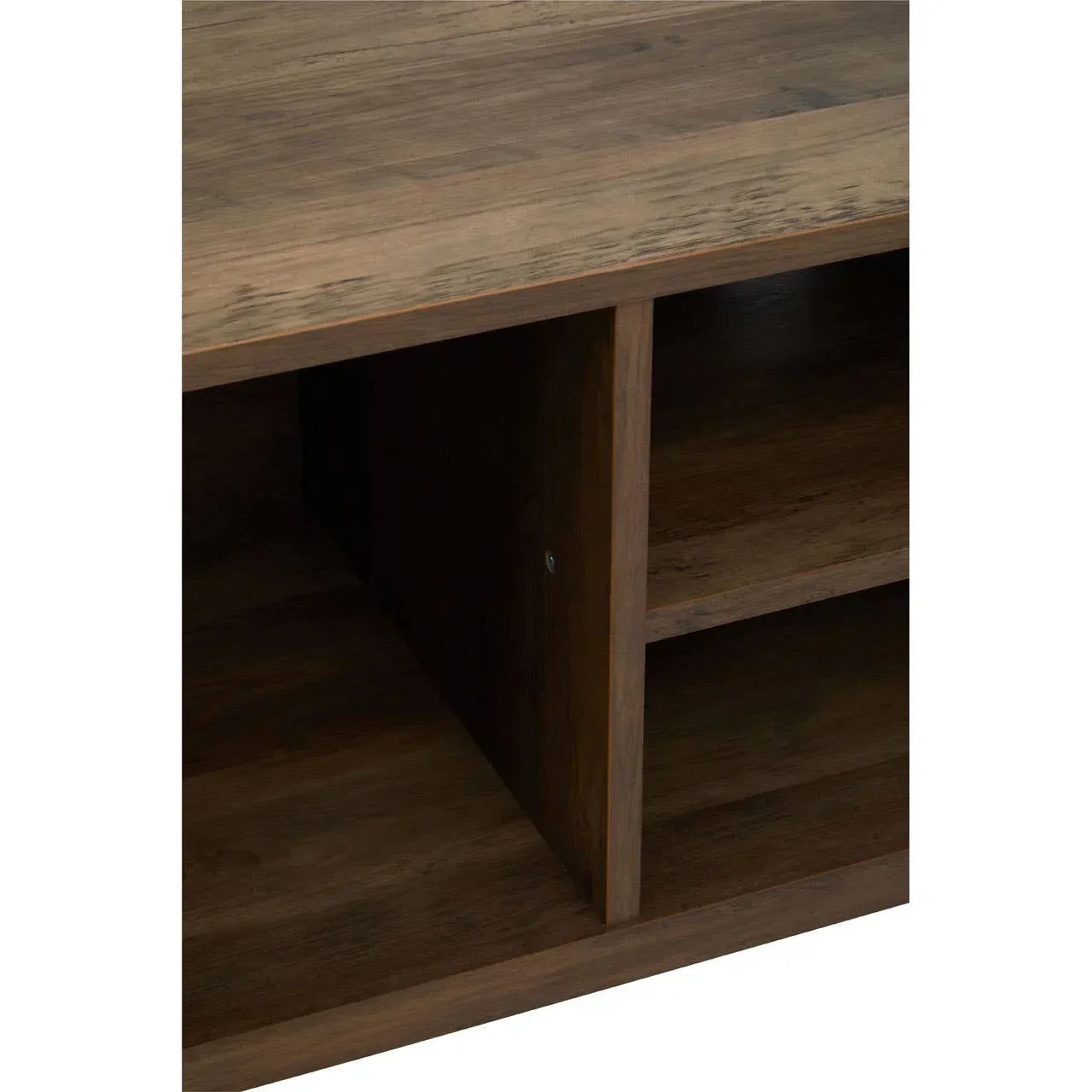 Close-up of wooden storage unit shelves and compartments in natural finish