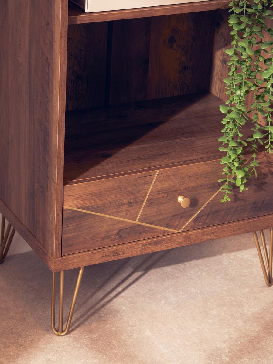 Walnut side table with gold metal hairpin legs, drawer, and geometric gold detailing