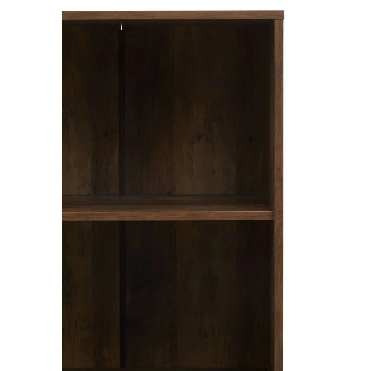 Dark wood bookcase shelf with open storage and vertical grain detail
