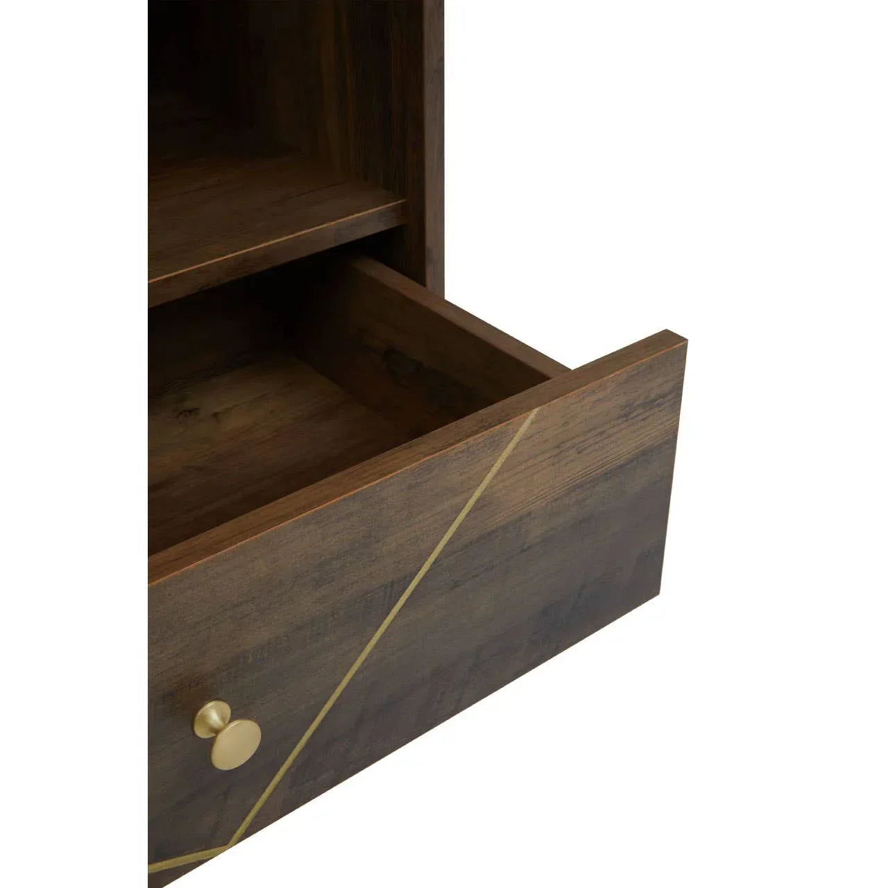 Dark wood storage unit with gold handle and geometric inlay, open drawer view