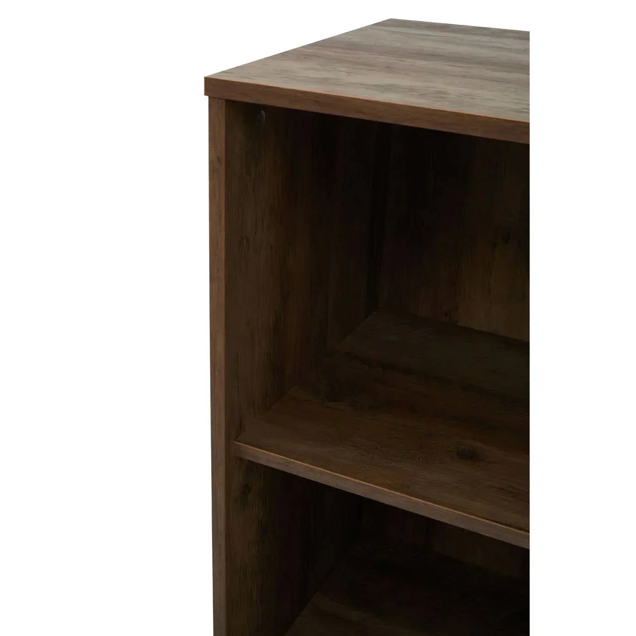 Closeup of wooden bookcase corner with visible shelf and grain detail