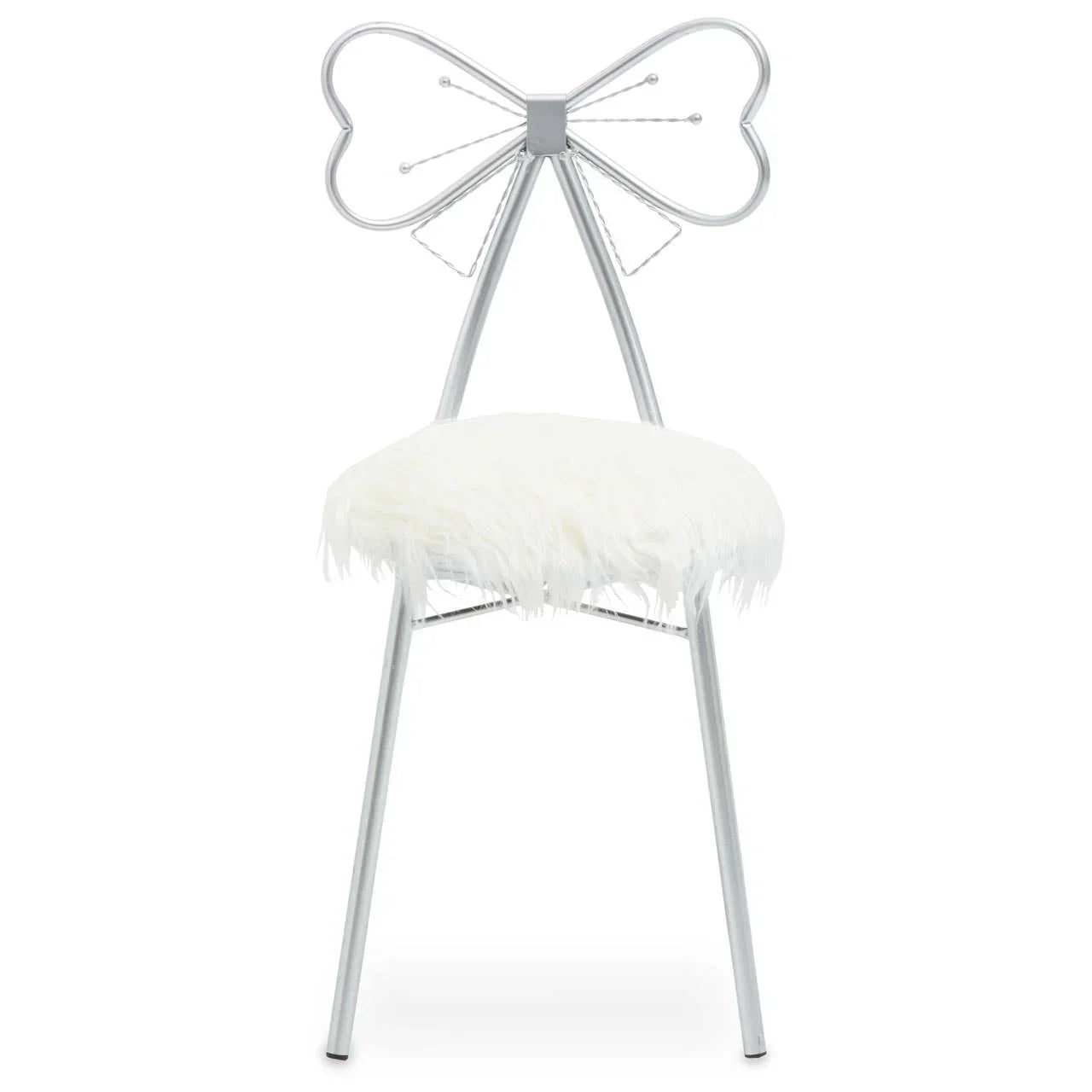 Metal chair with bow-shaped backrest and white faux fur seat