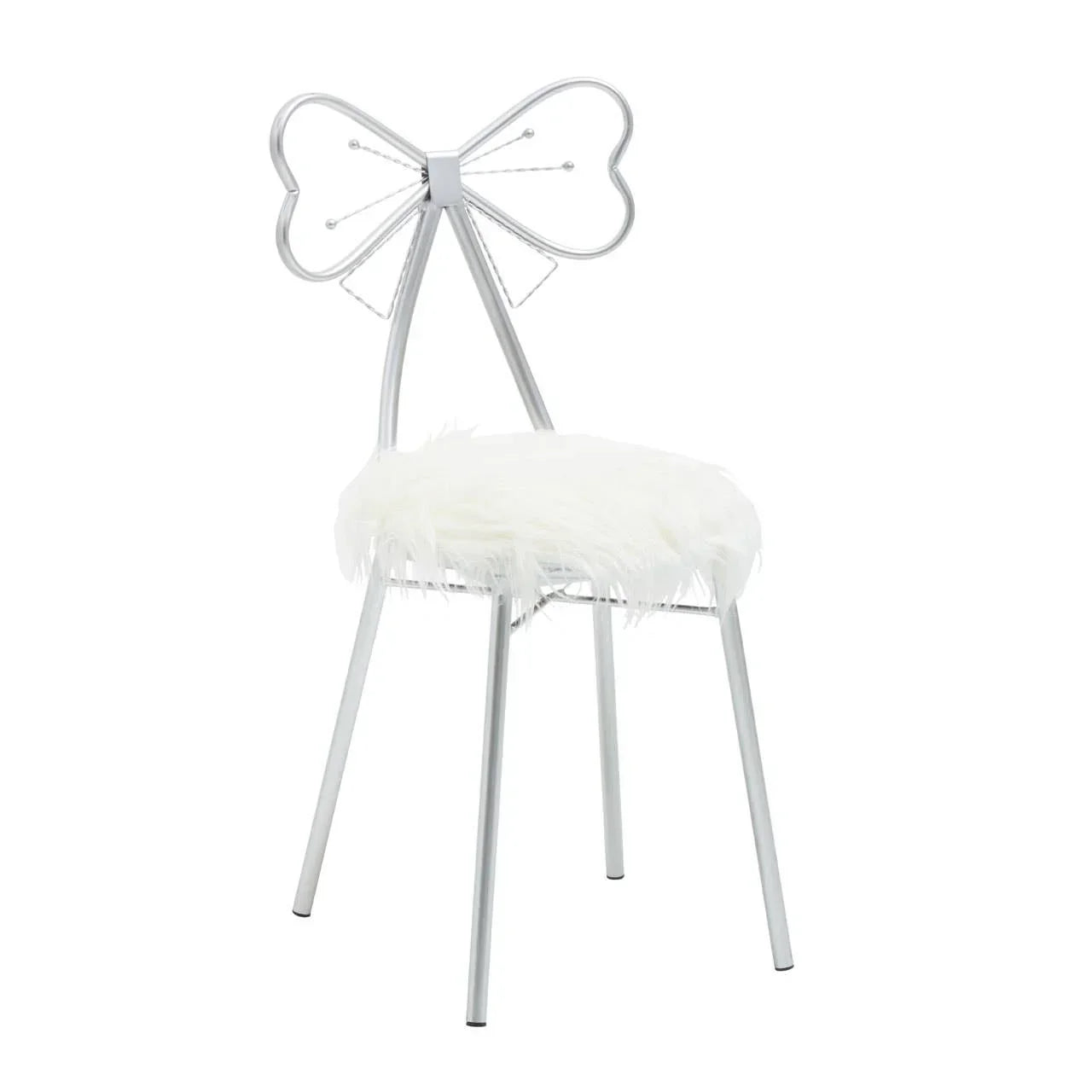 Silver metal chair with bow-shaped backrest and white faux fur seat cushion