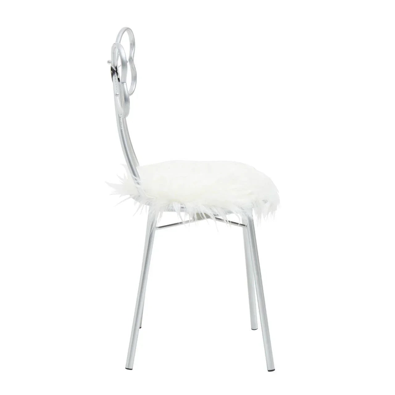Silver metal dining chair with white faux fur seat cushion, side angle view
