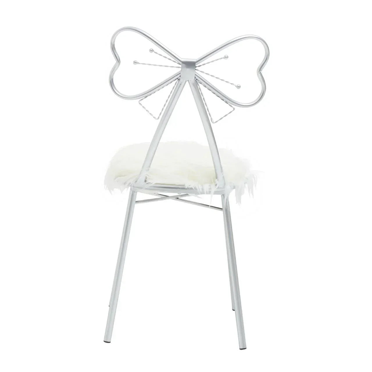Silver metal chair with butterfly-shaped backrest and white faux fur seat cover