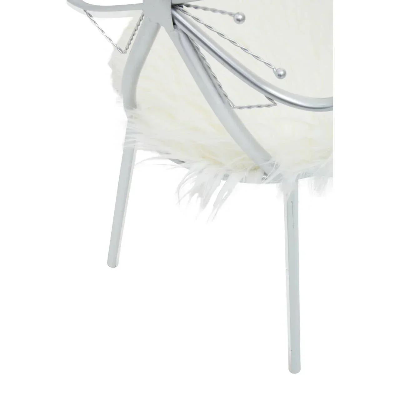 White faux fur accent chair with silver metal legs and textured frame detail