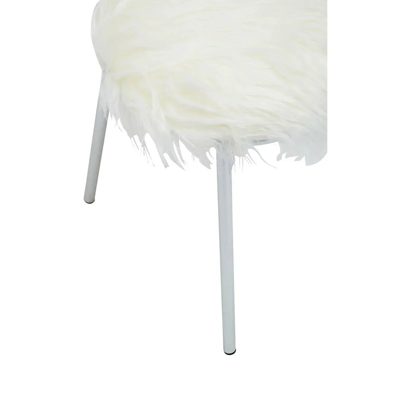 White faux fur dining chair with slim metal legs, close-up of seat and leg detail
