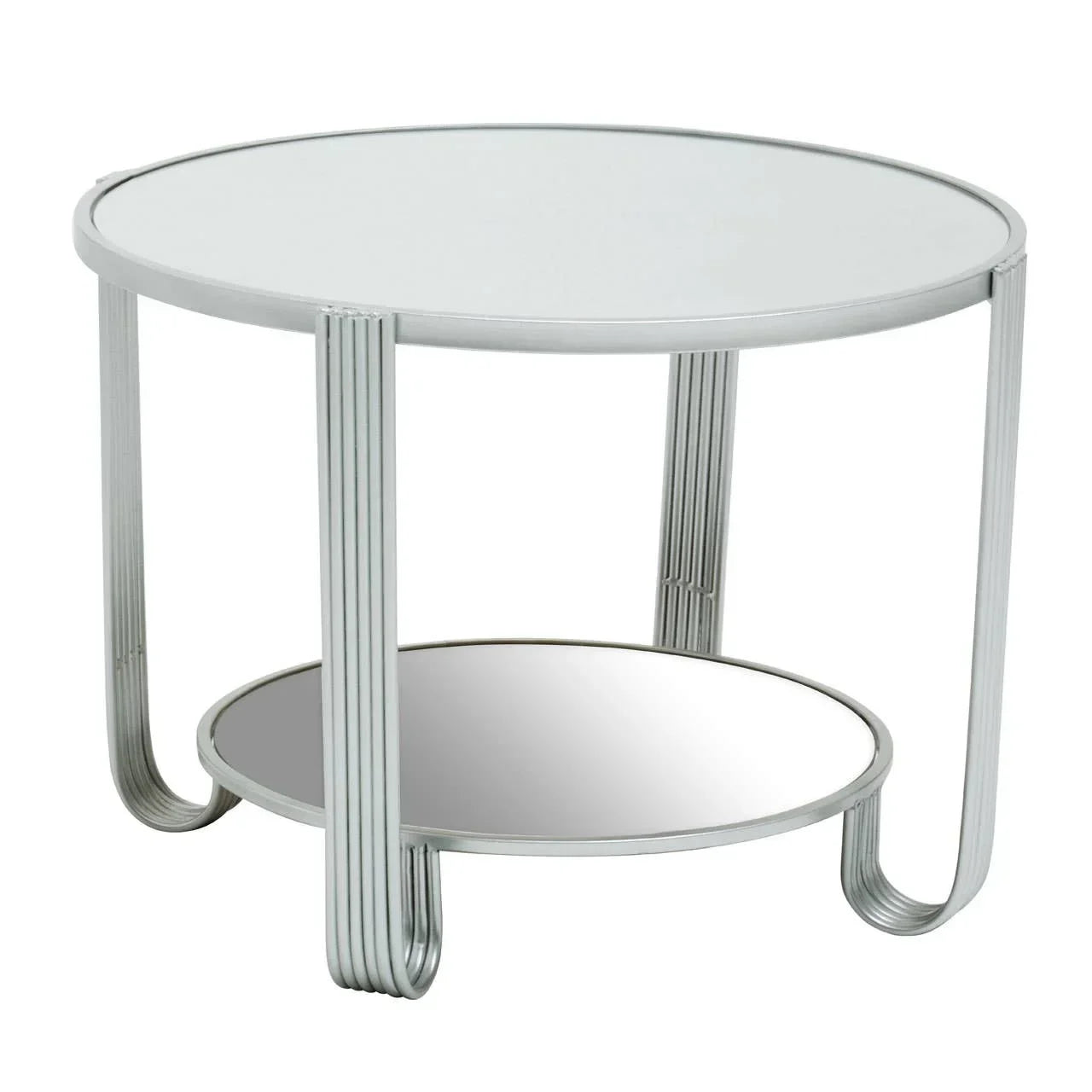 Round glass top coffee table with chrome metal legs and mirrored lower shelf
