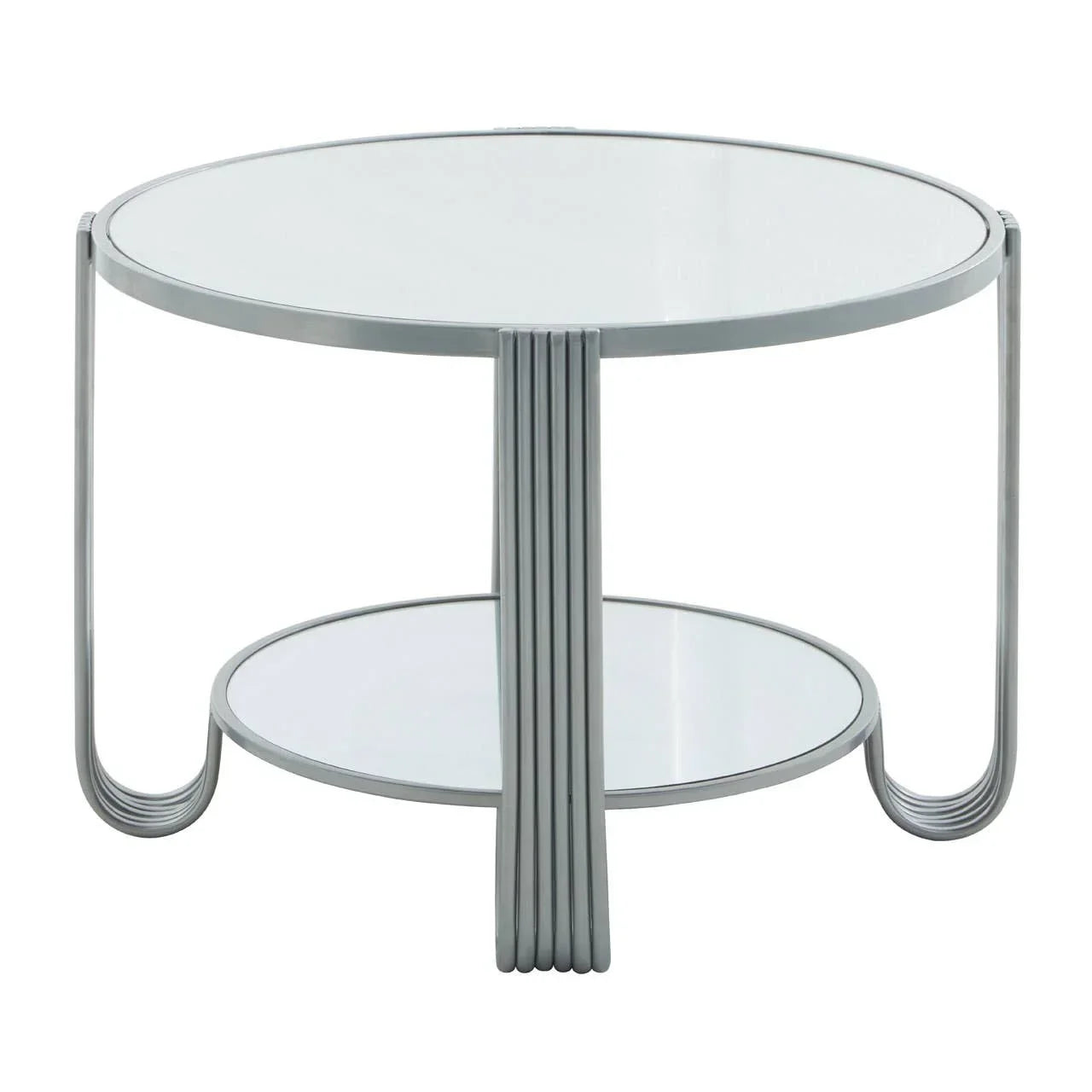 Round glass coffee table with chrome metal frame and lower shelf, front view