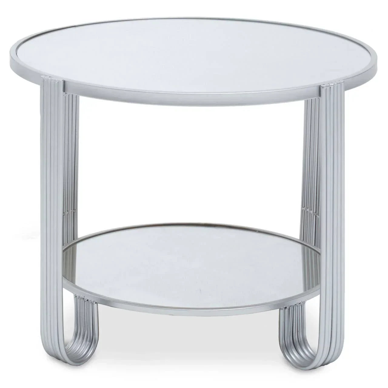 Round glass coffee table with chrome legs and lower shelf, front view