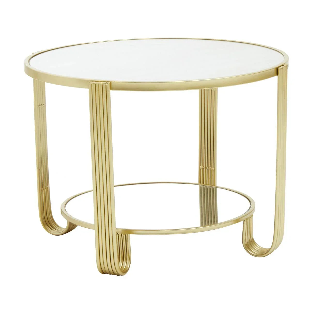 Round gold metal coffee table with glass top and lower shelf, modern design