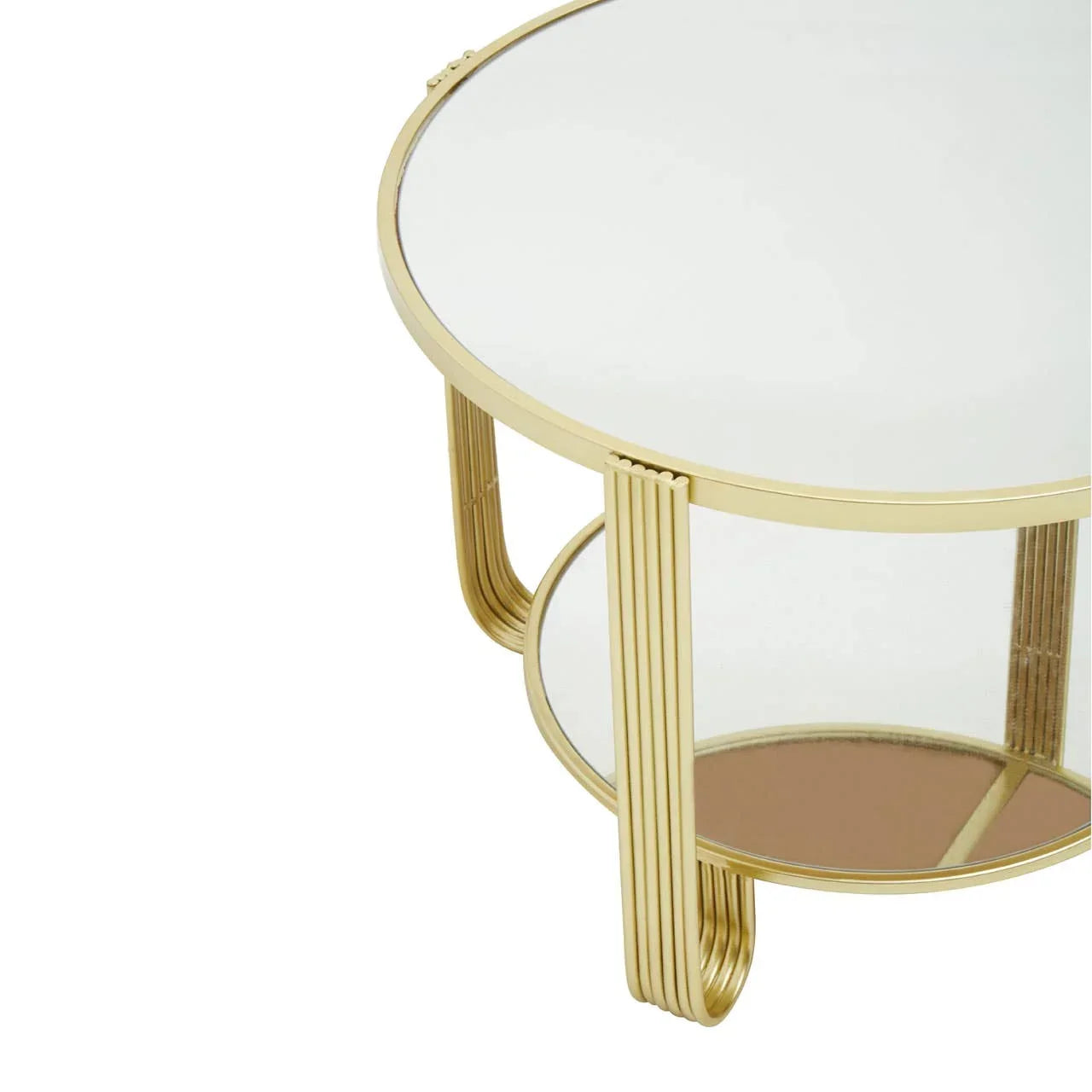 Round glass coffee table with gold metal frame and curved legs