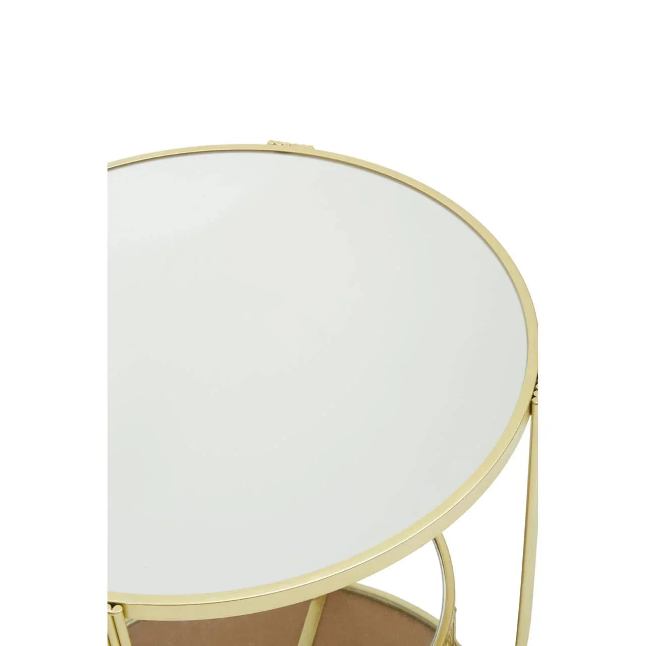 Round side table with white top and gold metal frame, partial top view