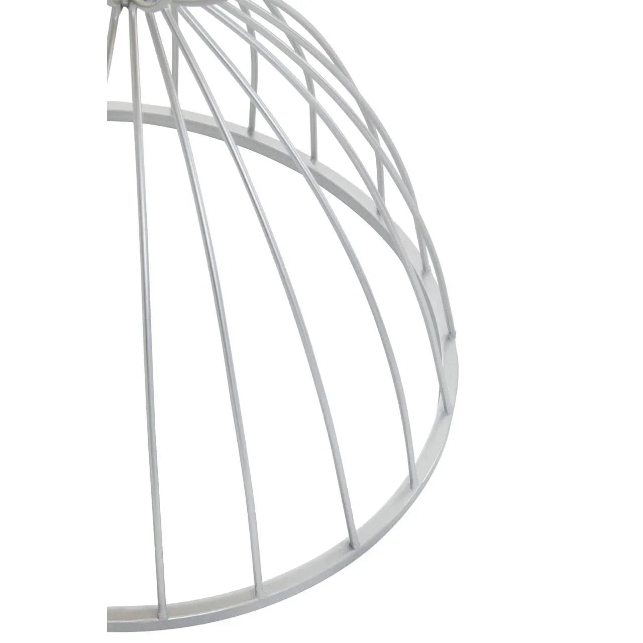 White metal pendant light shade with open wire frame and dome shape, partial side angle view