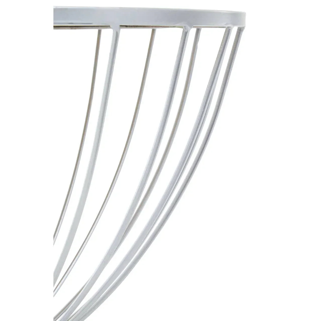 Closeup of white metal wire basket side frame with curved bars