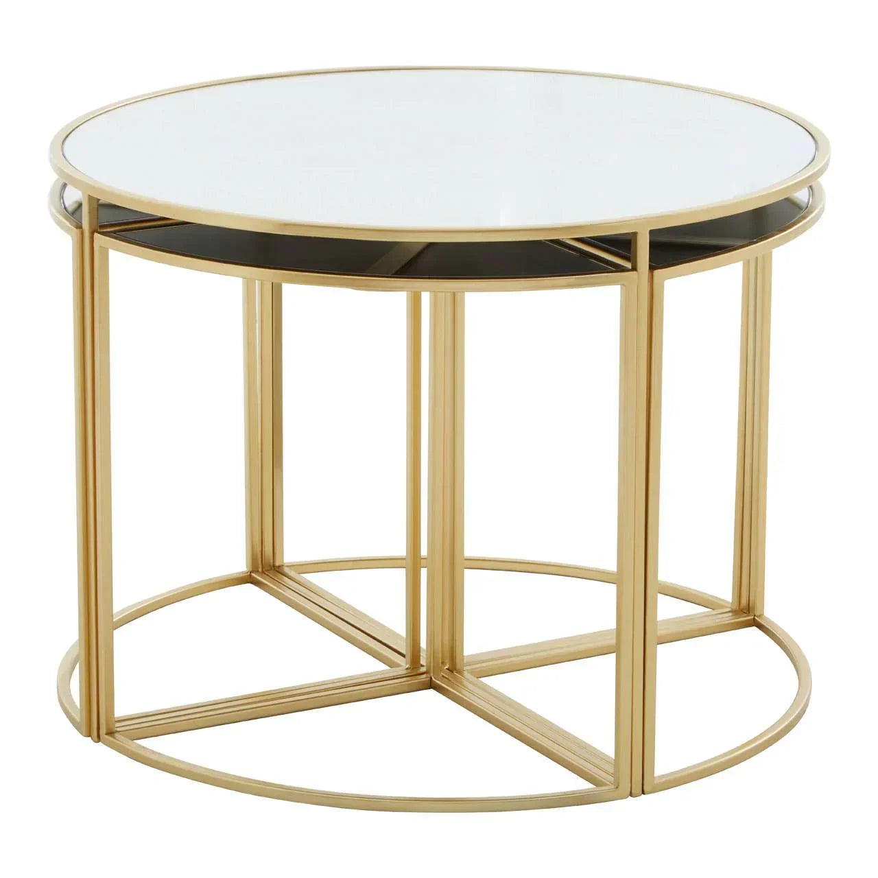 Round glass top coffee table with gold metal frame in modern style