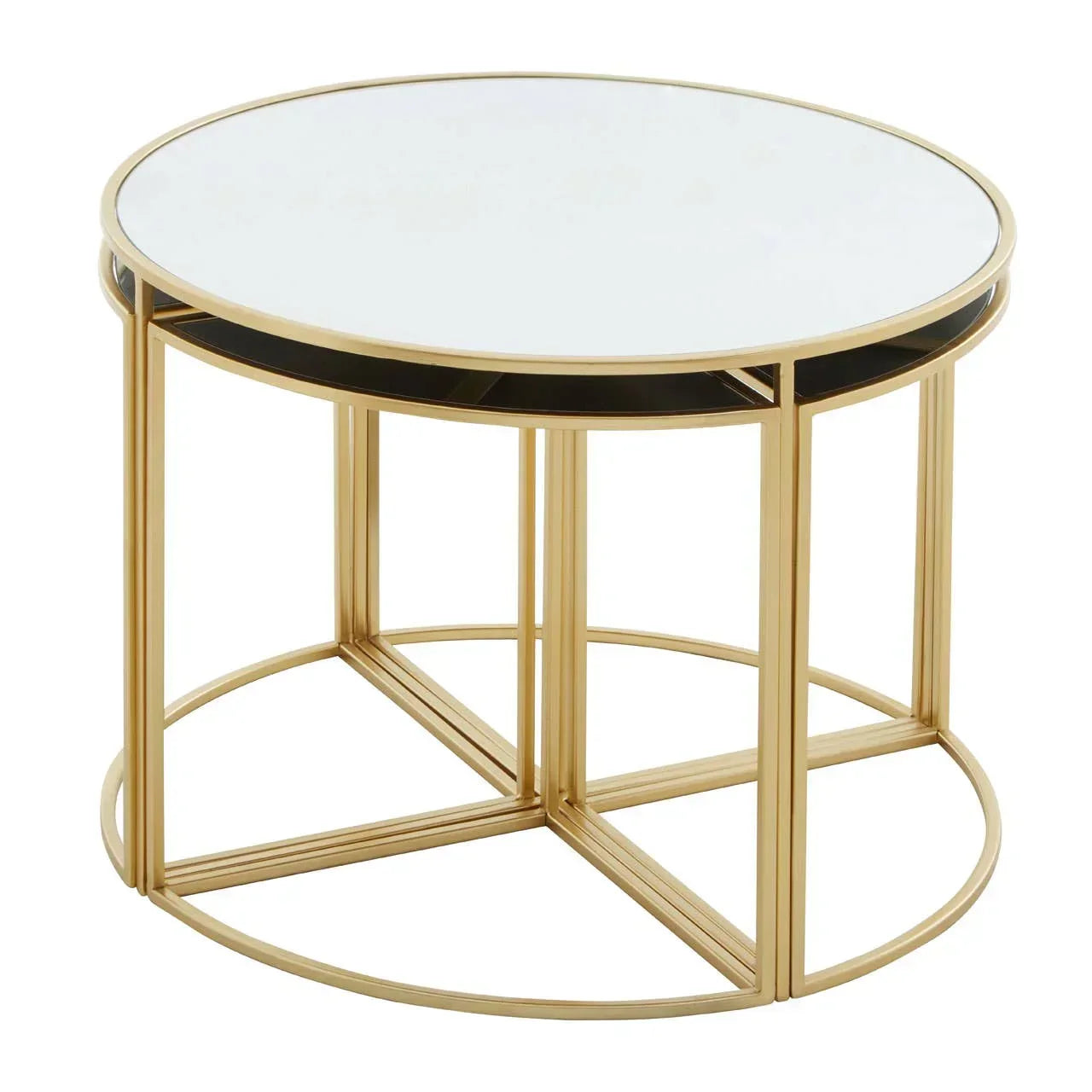 Round glass top coffee table with gold metal frame, modern geometric base design